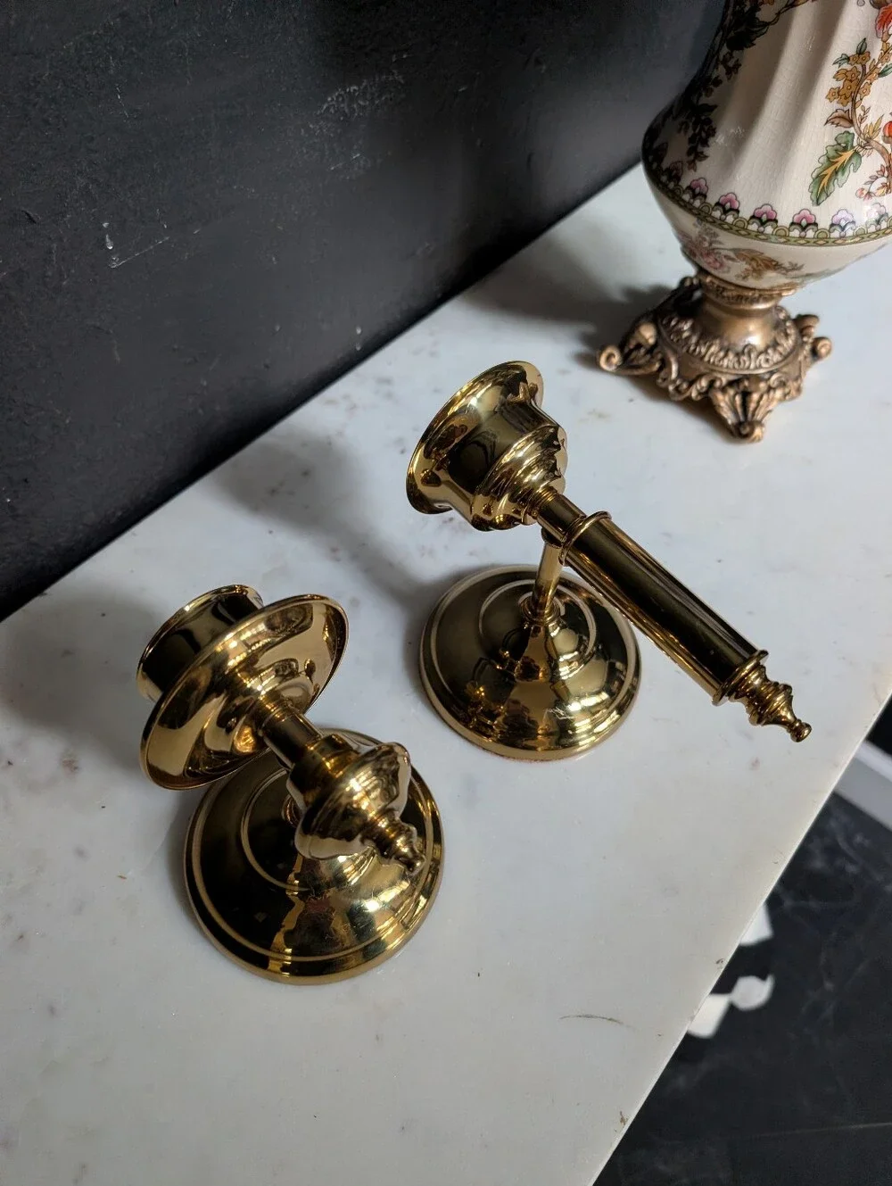 Vintage, set of 2,  MCM Polished Gold Metal Wall sconce candle holders, 4-6 inch